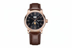 Sugess S401B moonphase watch with black dial, rose gold case and brown leather strap front view