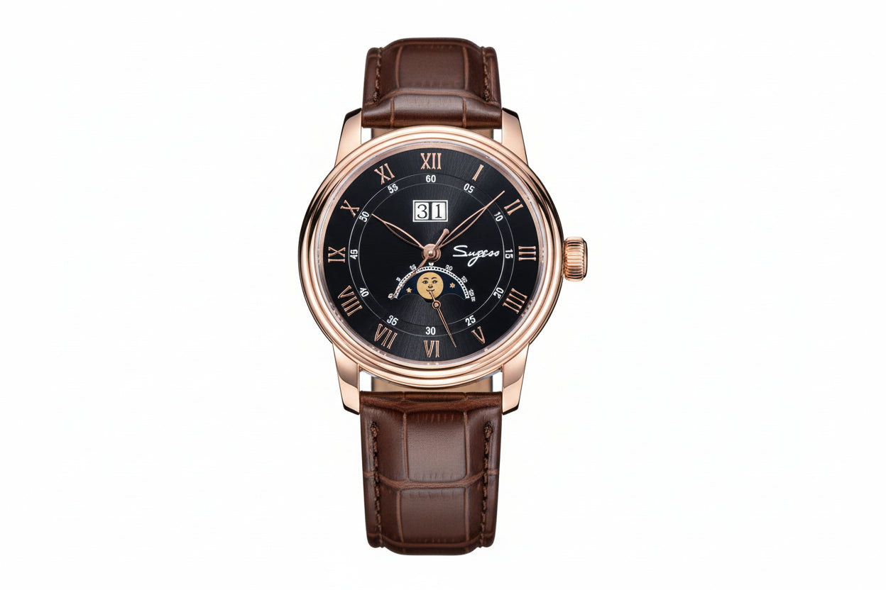 Sugess S401B moonphase watch with black dial, rose gold case and brown leather strap front view