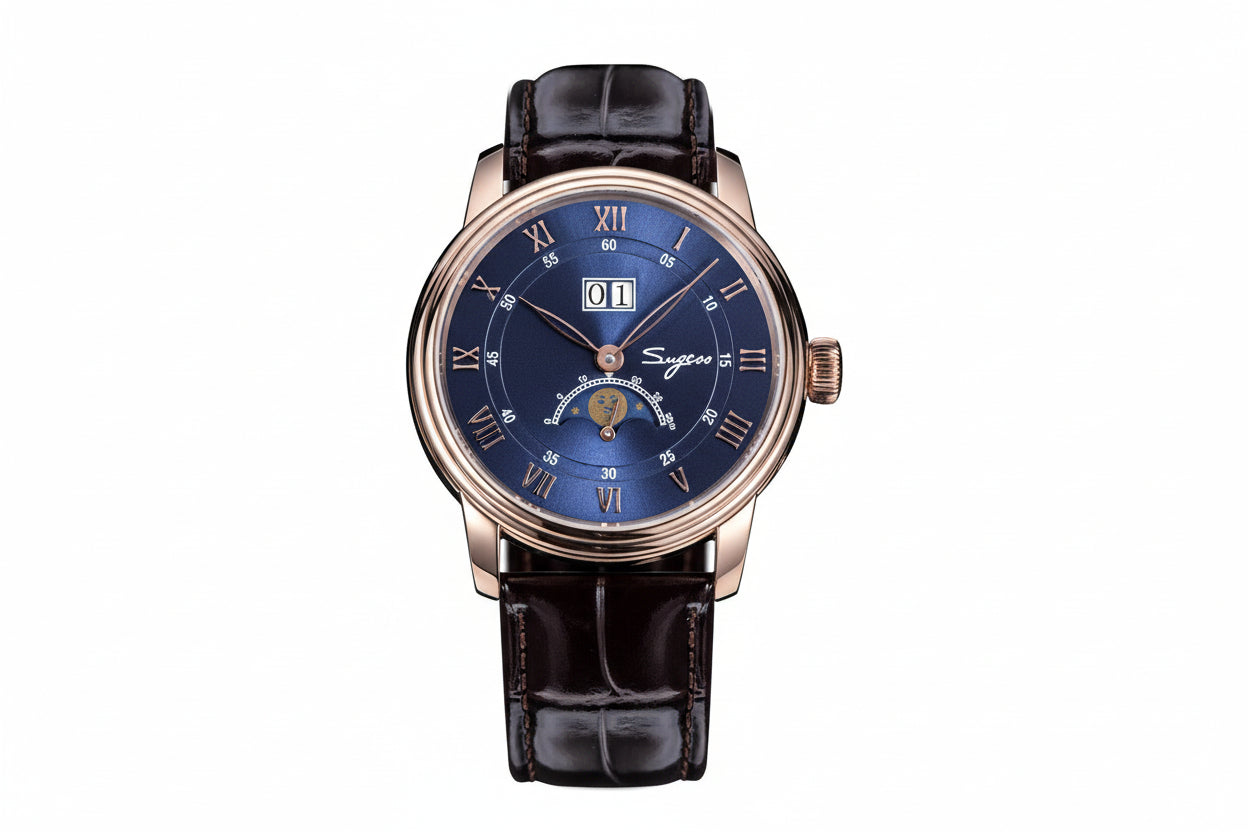 Sugess S401B moonphase watch with blue dial, rose gold case and brown leather strap front view