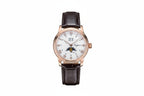 Sugess S401B moonphase watch with white dial, rose gold case and brown leather strap front view