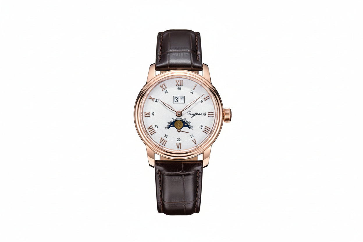 Sugess S401B moonphase watch with white dial, rose gold case and brown leather strap front view