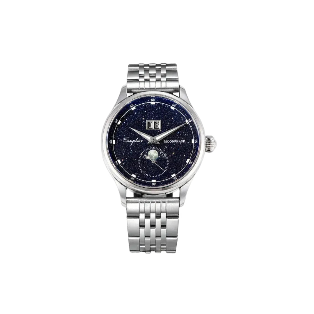 Sugess S401B Moonphase watch with blue sandstone dial and silver steel bracelet, front view