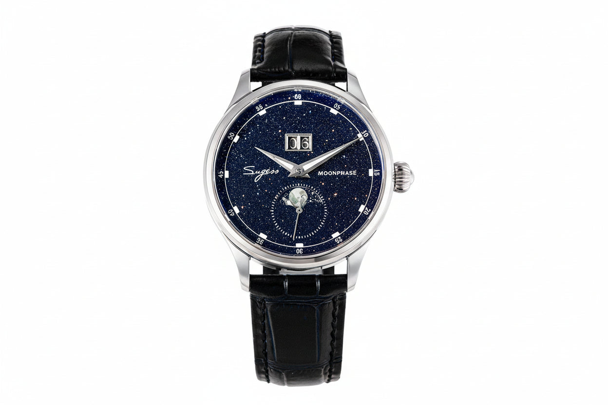 Sugess S401B Moonphase automatic watch with blue sandstone dial and black leather strap, front view