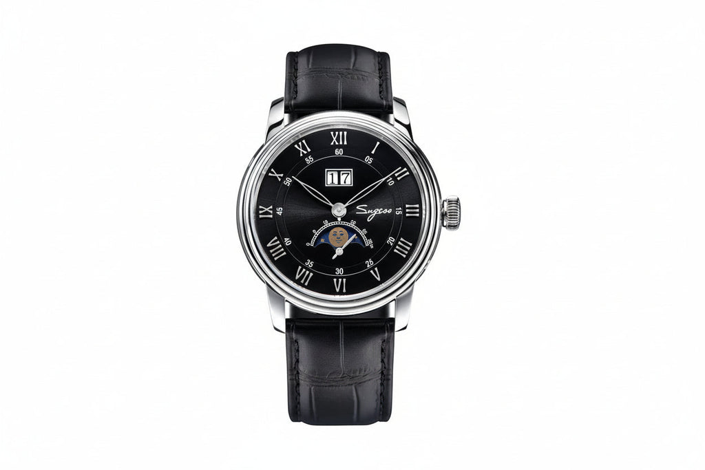 Sugess S401B moonphase watch with black dial, silver case and black leather strap front view