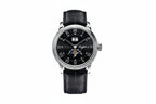 Sugess S401B moonphase watch with black dial, silver case and black leather strap front view