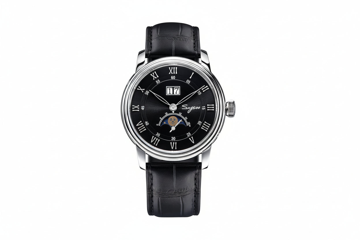 Sugess S401B moonphase watch with black dial, silver case and black leather strap front view