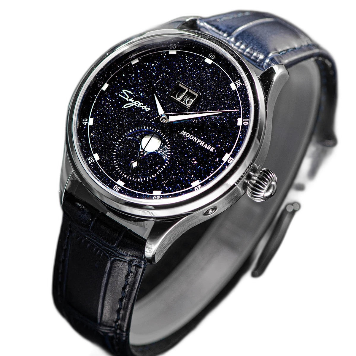 Sugess S401B moonphase watch angle view with blue sandstone dial, silver case and blue leather strap