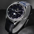Sugess S401B moonphase watch angle view with blue sandstone dial, silver case and blue leather strap