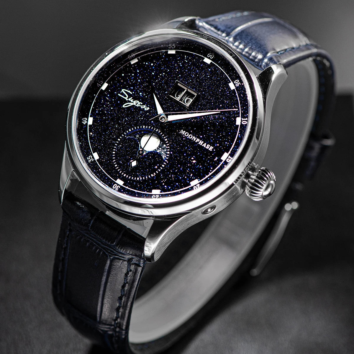Sugess S401B moonphase watch angle view with blue sandstone dial, silver case and blue leather strap