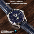 Sugess S401B moonphase watch V3 upgrade features graphic with blue sandstone dial and leather strap