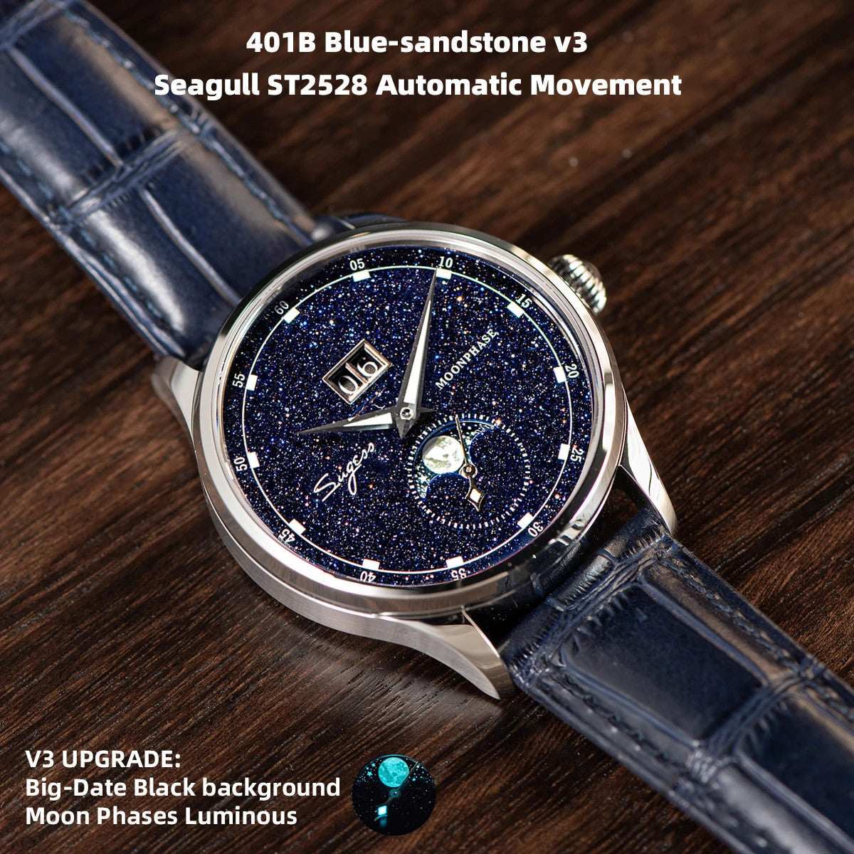 Sugess S401B moonphase watch V3 upgrade features graphic with blue sandstone dial and leather strap