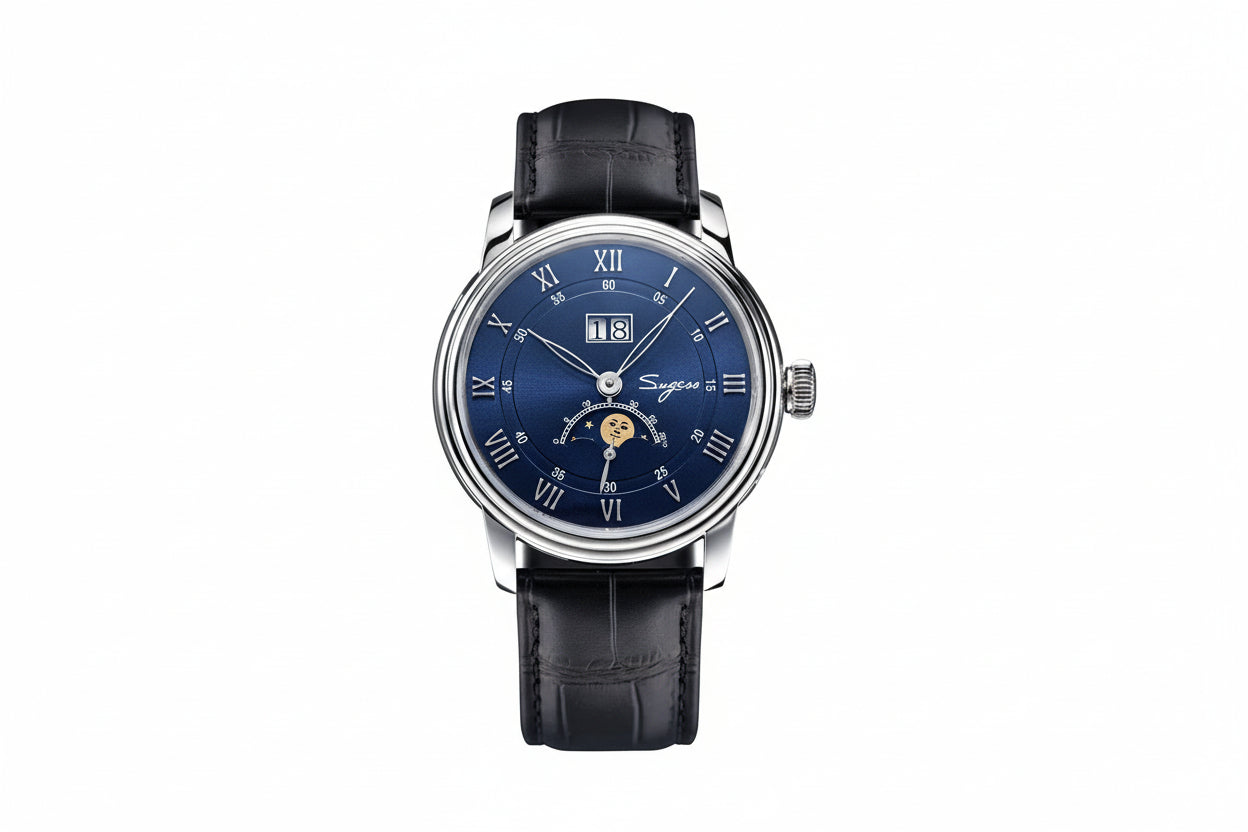 Sugess S401B moonphase watch with blue dial, silver case and black leather strap front view