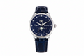 Sugess S401B moonphase watch with blue sandstone dial, silver case and blue leather strap front view