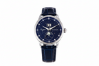 Sugess S401B moonphase watch with blue sandstone dial, silver case and blue leather strap front view