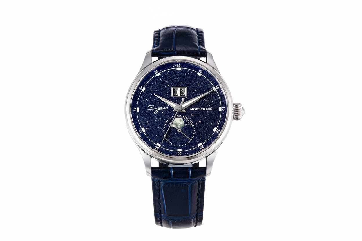 Sugess S401B moonphase watch with blue sandstone dial, silver case and blue leather strap front view