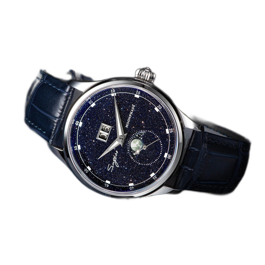 Sugess S401B moonphase watch with blue sandstone dial and blue leather strap displayed on book