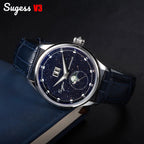 Sugess S401B moonphase watch with blue sandstone dial and blue leather strap displayed on book