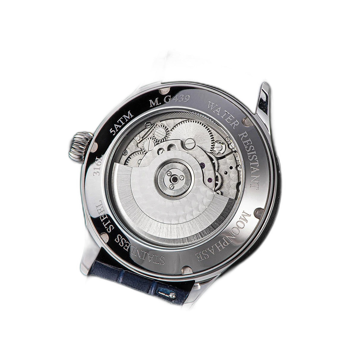 Sugess S401B moonphase watch caseback exhibition view showing automatic movement and blue leather strap
