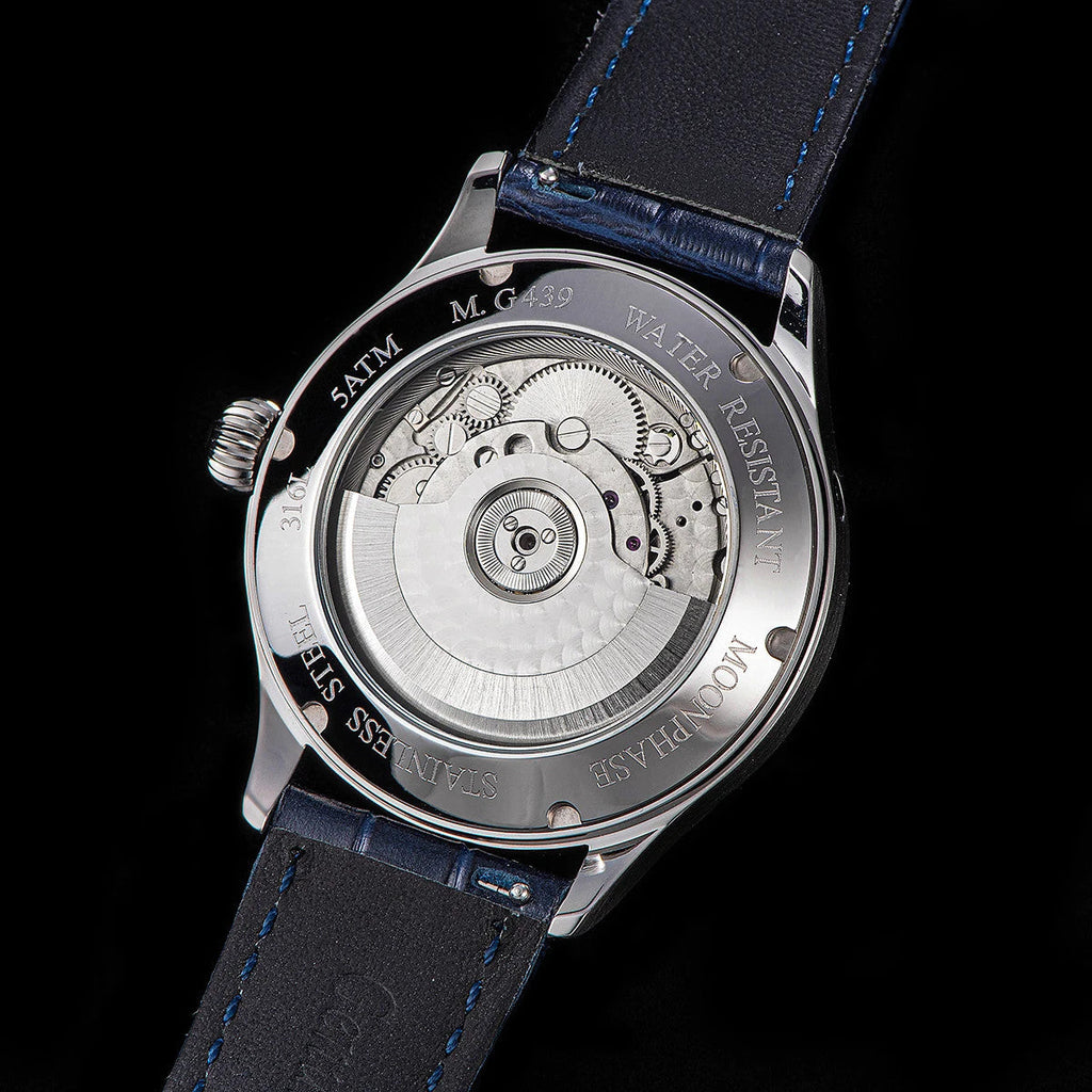 Sugess S401B moonphase watch caseback exhibition view showing automatic movement and blue leather strap