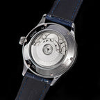 Sugess S401B moonphase watch caseback exhibition view showing automatic movement and blue leather strap