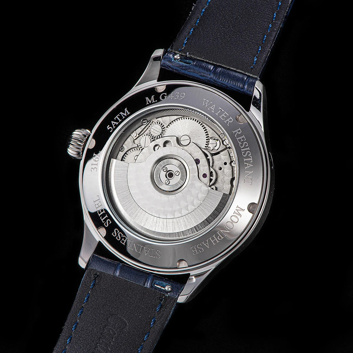 Sugess S401B moonphase watch caseback exhibition view showing automatic movement and blue leather strap
