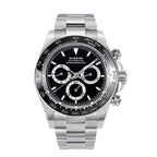 Sugess S418-2 black-dial chronograph, white sub-dials, black ceramic bezel on steel bracelet, front view