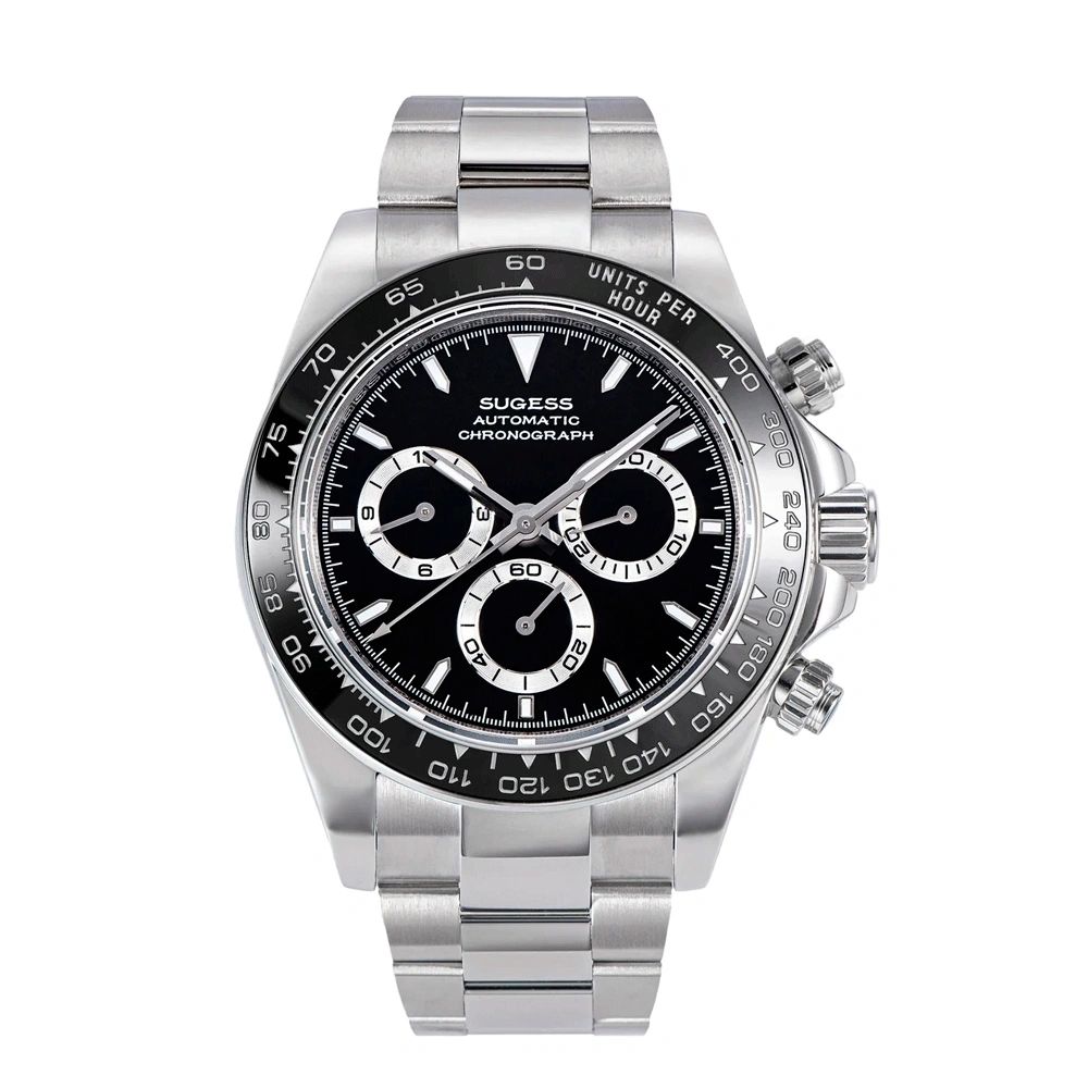 Sugess S418-2 black-dial chronograph, white sub-dials, black ceramic bezel on steel bracelet, front view