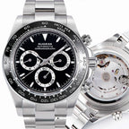 Sugess S418-2 automatic chronograph 39mm, black dial, white sub-dials, black ceramic bezel, steel bracelet, front
