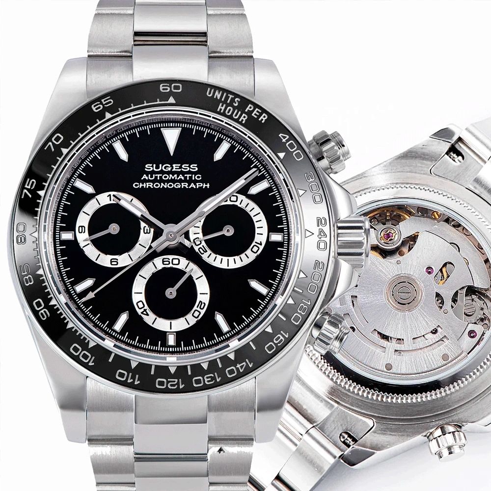 Sugess S418-2 automatic chronograph 39mm, black dial, white sub-dials, black ceramic bezel, steel bracelet, front