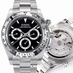 Sugess S418-2 automatic chronograph 39mm, black dial, white sub-dials, steel bezel, steel bracelet, front view