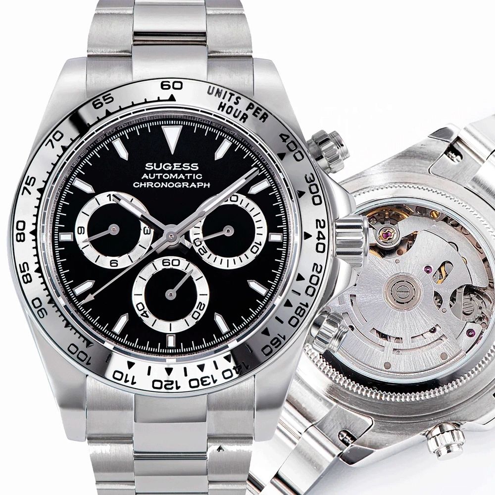Sugess S418-2 automatic chronograph 39mm, black dial, white sub-dials, steel bezel, steel bracelet, front view