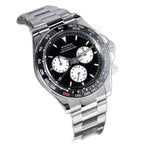 Sugess S418-2 black panda chronograph with black ceramic bezel on steel bracelet, angled on cushion