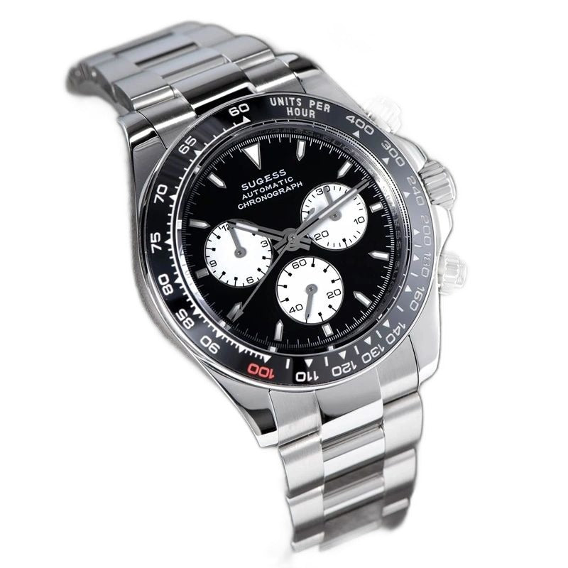 Sugess S418-2 black panda chronograph with black ceramic bezel on steel bracelet, angled on cushion
