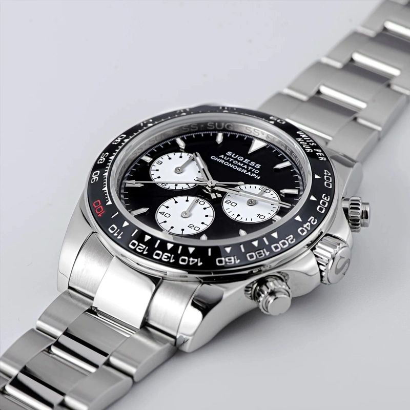 Sugess S418-2 black panda chronograph with black ceramic bezel on steel bracelet, three-quarter angled view