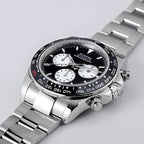 Sugess S418-2 black panda chronograph with black ceramic bezel on steel bracelet, three-quarter angled view