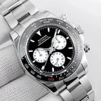 Sugess S418-2 black panda chronograph with black ceramic bezel on steel bracelet, front on white cushion
