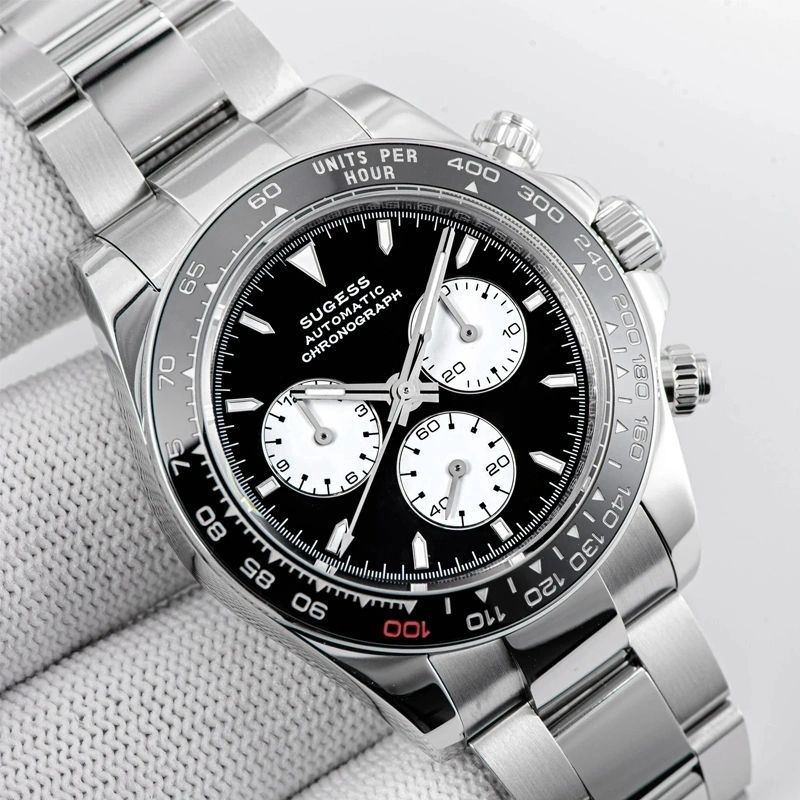 Sugess S418-2 black panda chronograph with black ceramic bezel on steel bracelet, front on white cushion