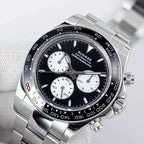 Sugess S418-2 black panda chronograph with black ceramic bezel on steel bracelet, front studio view