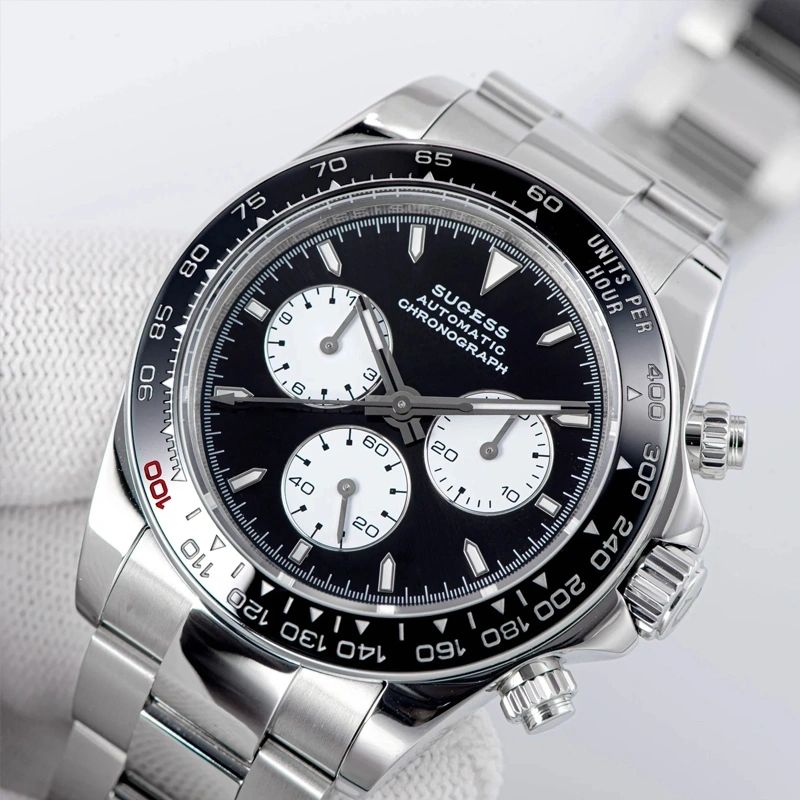 Sugess S418-2 black panda chronograph with black ceramic bezel on steel bracelet, front studio view