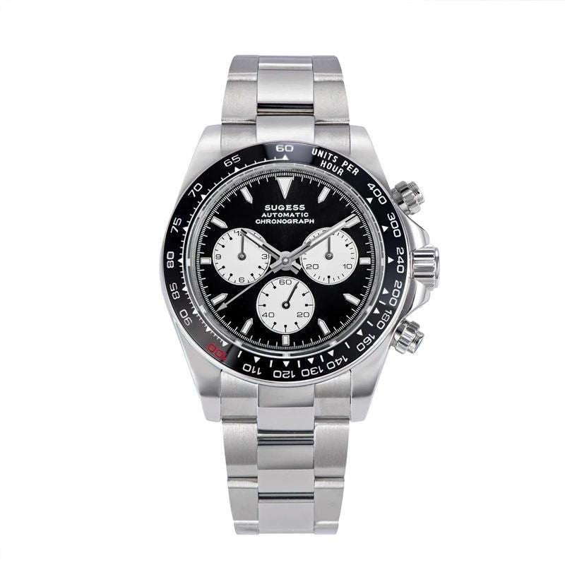 Sugess S418-2 automatic chronograph 39mm, black panda dial, white sub-dials, black ceramic bezel, steel bracelet, front