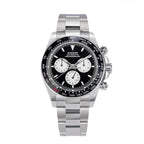 Sugess S418-2 automatic chronograph 39mm, black panda dial, white sub-dials, black ceramic bezel, steel bracelet, front