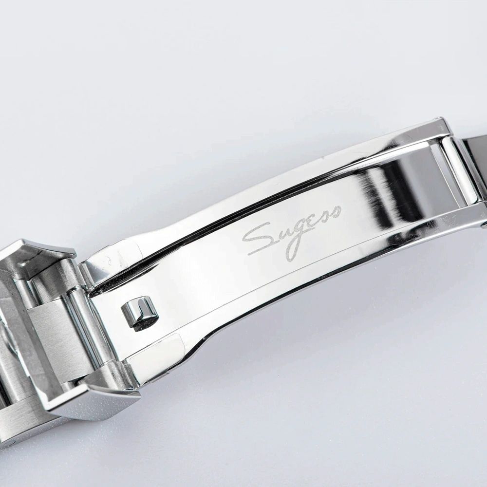 Sugess S418-2 steel folding clasp engraved Sugess, brushed and polished, close-up