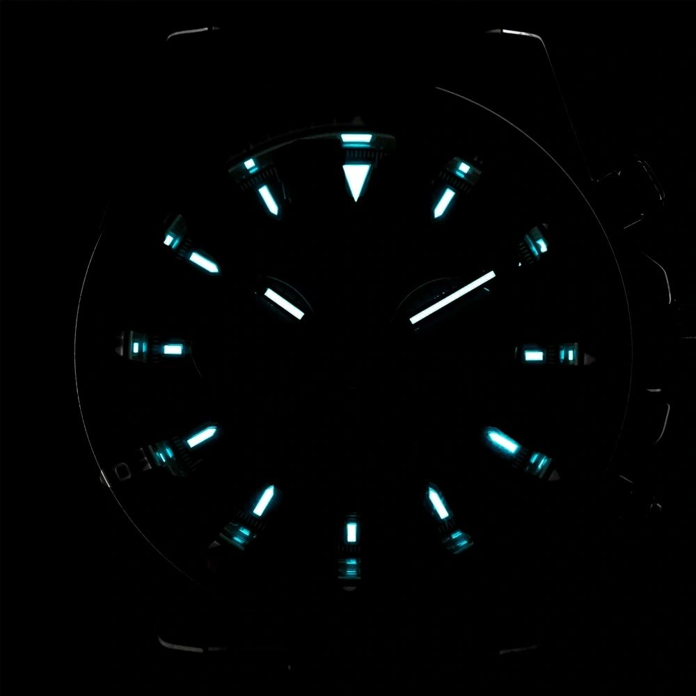 Sugess S418-2 chronograph dial glowing blue lume in the dark, applied markers and hands, close-up