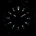 Sugess S418-2 chronograph dial glowing blue lume in the dark, applied markers and hands, close-up