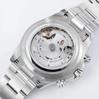 Sugess S418-2 brushed solid steel caseback, chronograph case, second rear view on leather