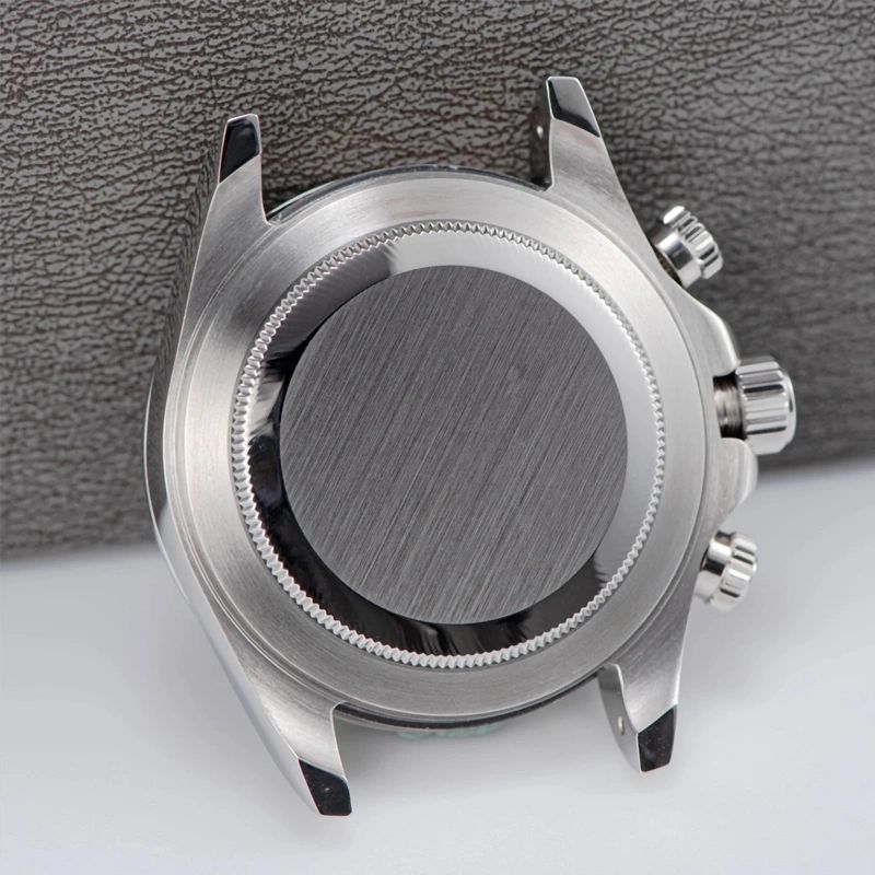 Sugess S418-2 brushed solid steel caseback, chronograph case, rear view on leather