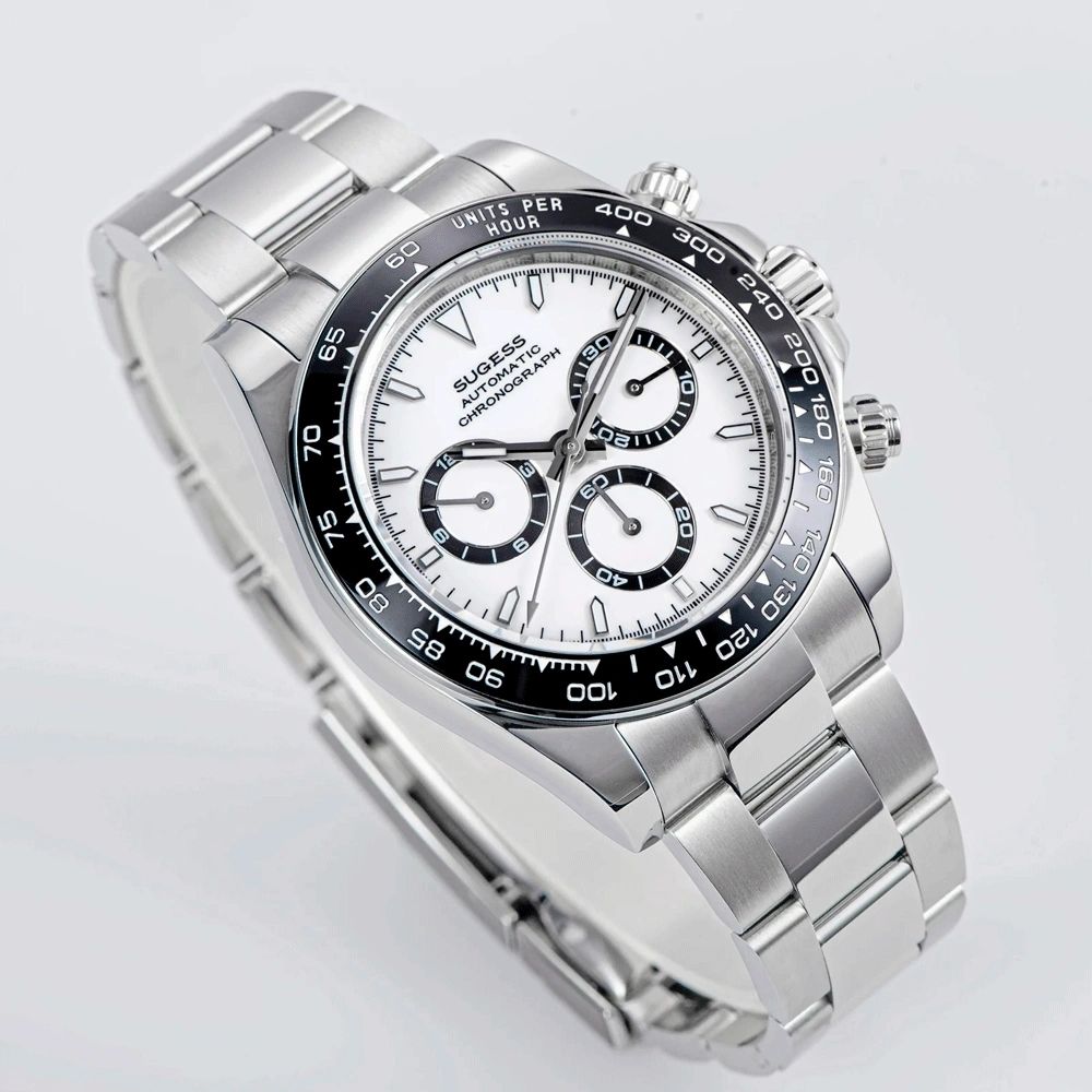 Sugess S418-2 white-dial chronograph with black ceramic bezel on steel bracelet, angled studio view