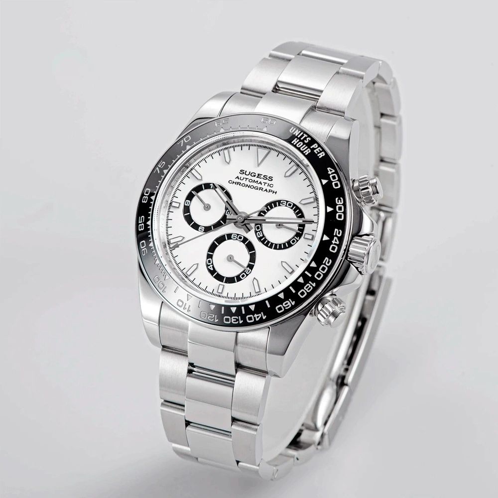 Sugess S418-2 white-dial chronograph with black ceramic bezel on steel bracelet, angled product view