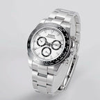 Sugess S418-2 white-dial chronograph with black ceramic bezel on steel bracelet, angled product view