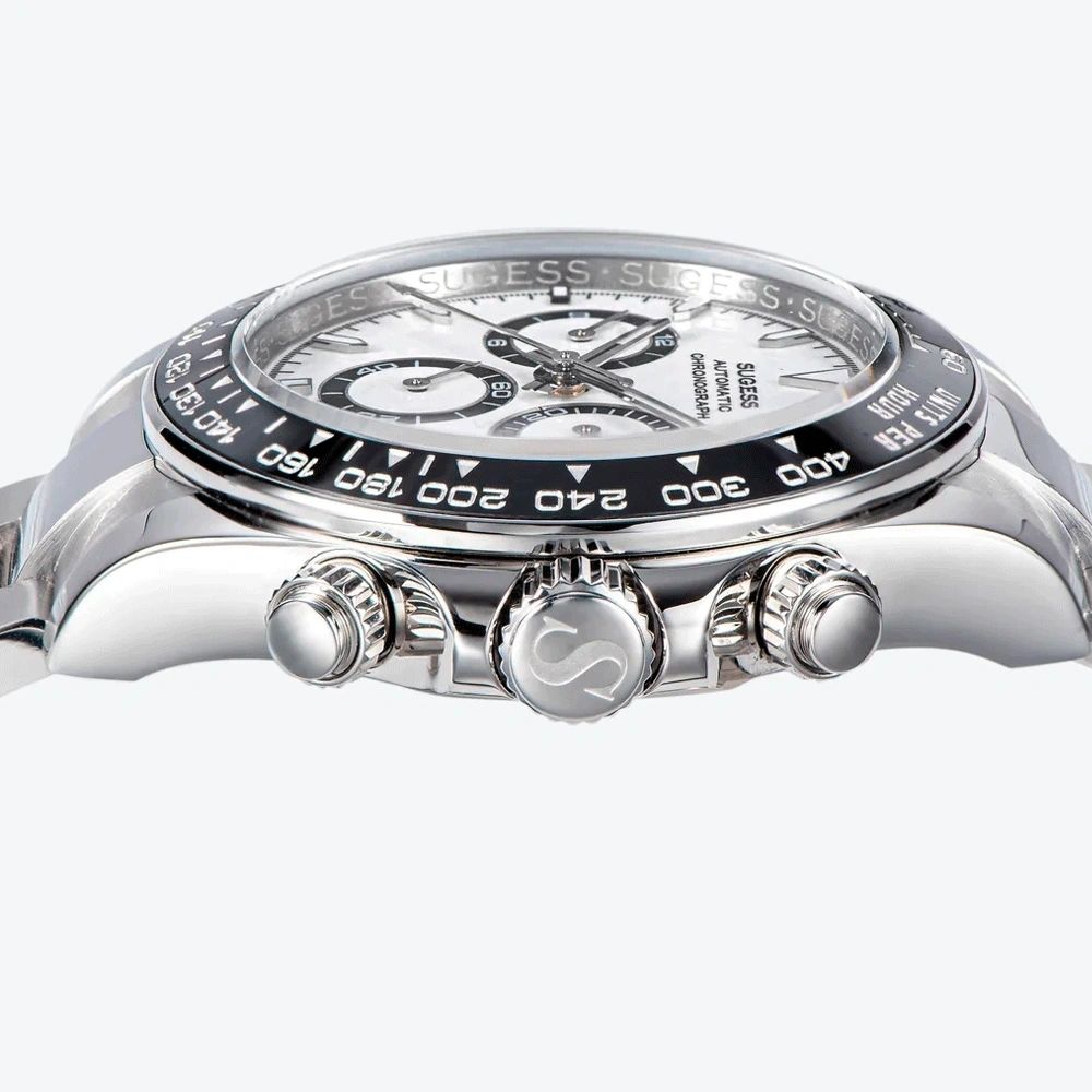 Sugess S418-2 white-dial chronograph with black ceramic bezel on steel bracelet, three-quarter angled view